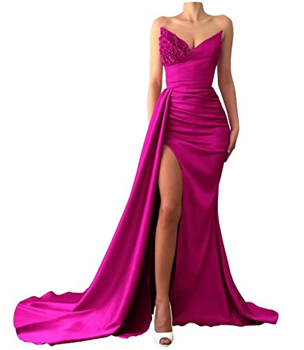 Meerjungfrauen-Abschlussballkleider mit Pailletten, lang, Satin, Schlitz, formelles Abendkleid, fuchsia, 34