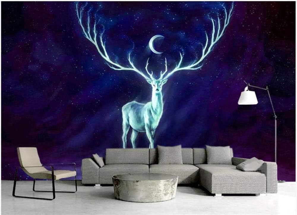 Mond Blaue Sterne Elche 3D Tapete Poster Restaurant Schlafzimmer Wohnzimmer Sofa TV Dekorative Wand-200cm×140cm