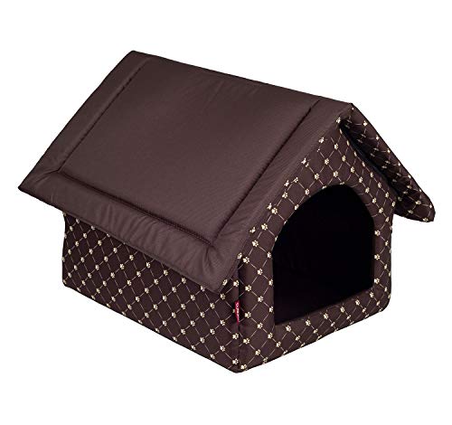 Elegant Hundehöhle, Hundehütte | Größe L: 34 x 44 x 38 cm | Farbe: Braun - Muster: Pfoten | Hundehaus für mittlere Hunde | Katzenhaus, Katzenhöhle