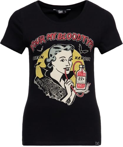 Queen Kerosin Damen T-Shirt | Rockabella | Vampir| 50S | Slim Fit | Front-Print | Retro | Vintage| Elastan| Rock'n'roll | Halloween | Comic Art You're My Blood Type