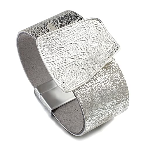 VSULZVNU Armband, Champagnerfarben, goldfarben, Metallanhänger, echtes Leder, Armband für Damen, breite Wickelarmbänder, Armreifen, Schmuck, Silber