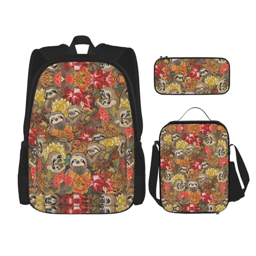 WURTON Lustiger Rucksack mit Faultier-Druck, für Mädchen, Jungen, Schultaschen, Teenager, Lunchbox und Federmäppchen, 3-in-1-Büchertaschen-Set