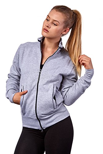 Happy Clothing Damen Sweatjacke mit Reißverschluss und Kragen ohne Kapuze im sportlichen Design, Elegante Jacke aus Baumwolle für Sport und Freizeit, Größe:L, Farbe:Grau meliert