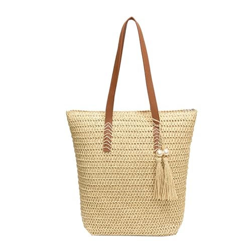 Elegante Strandtasche aus gewebtem Stroh mit viel Platz für den täglichen Gebrauch, große Kapazität, Handtasche, Quasten, Schultertasche, beige, Einheitsgröße