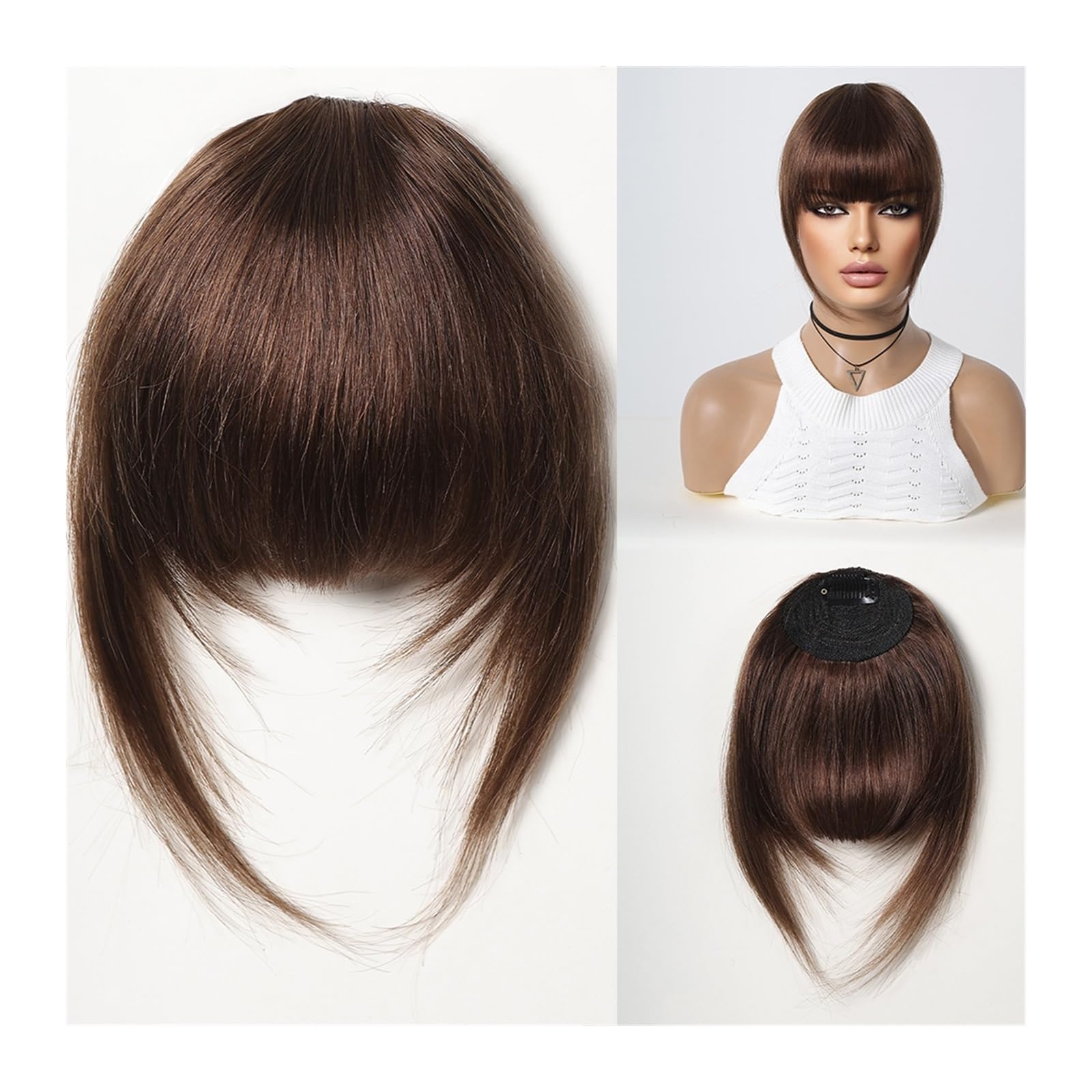 Pony Extension für Damen Echthaar-Pony-Haarteile mit Fransen, stumpfer Schnitt, natürlicher Air-Pony-Clip-in-Haarverlängerung über dem Kopf, Schwarzbraun, Remy-Haar for Frauen Fringe Bangs(HLH1005-2)