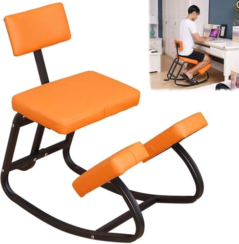 Kniestuhl, ergonomischer Kniestuhl für Büro mit Rückenstütze, ausgewogener Holzstuhlhocker, orthopädischer Haltungshocker zur Korrektur der Sitzhaltung und Körperformung,Orange