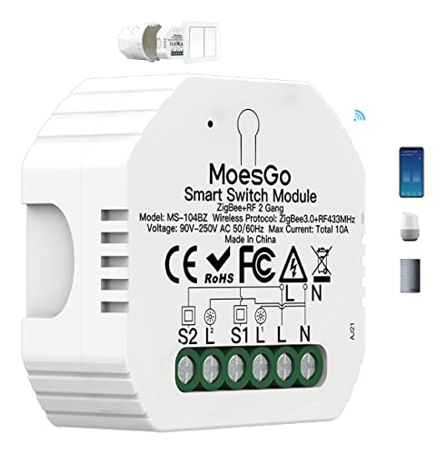 MoesGo ZigBee MESH Smart Alexa Lichtschalter Unterputz Funk Relais, Wireless RF433 Light Switch Modul, Kompatibel mit Smart Life Tuya App, Alexa und Google Home, 1/2 Weg【Tuya ZigBee Hub erforderlich】