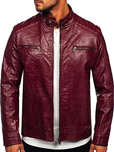 BOLF Herren Lederjacke Stehkragen Kunstlederjacke Bikerjacke Winterjacke Übergangsjacke Steppjacke Motorradjacke Pilotenjacke Fliegerjacke Bomberjacke Casual Style 2003 Weinrot XL [4D4]