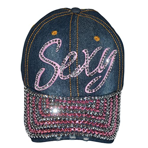 Popfizzy Bling Hut für Frauen und Mädchen, lustige Strass-Baseballkappe, Jeans-Hut, glitzernde Geschenke für Frauen, Sexy Script (Denim), Einheitsgröße