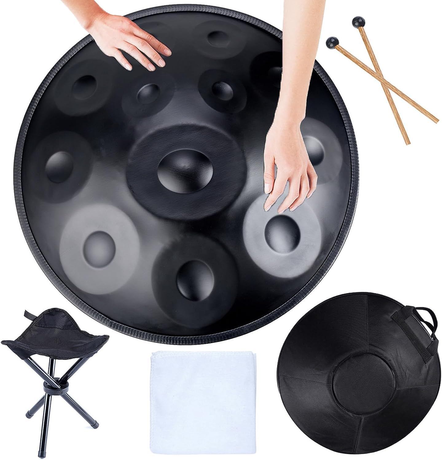 9/10/12 Hinweis Handpfannentrommel, 22 Zoll in d-Moll Handtrommel, Steel Drum Percussion mit Handpan-Ständer und weiche Handpan-Tasche, Handtrommel aus Stahl für Erwachsene,Schwarz,12 Notes