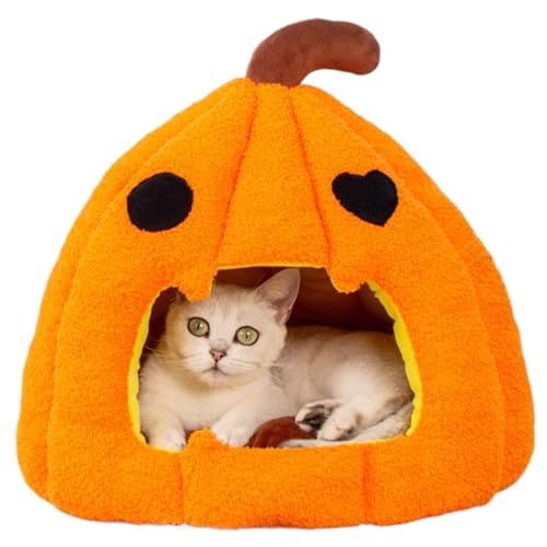 AOpghY Kürbiskatzenbett mit abnehmbarem waschbarem Kissen Nicht rutschfestem Boden 16 Halloween Katzenbett Orange Handheld warm und weich