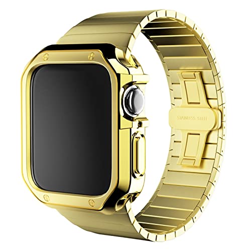 KANUZ Edelstahlarmband und Silikonhülle für Apple Watch Band 45 41 44 40 38 mm 42 mm, Stoßstangen-Rahmenabdeckung für iWatch Serie 5, 4, 3, SE, 6, 7, 8 (Farbe: Gold, Größe: 41 mm)