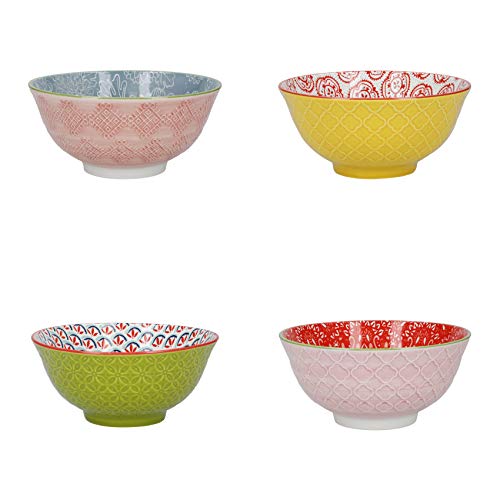 KitchenCraft Patterned Cereal Bowl Set in Gift Box, 4 Ceramic Bowls Ideal for Ice Cream, Soup and More, 'Brights' Designs, 15cm