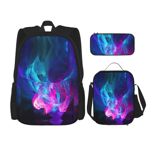 WURTON Schulrucksack-Set mit Feuerdruck, 3-in-1, Büchertaschen-Set mit Lunchbox, Federmäppchen, Reise-Laptop, Tagesrucksack, Blau und Rosa