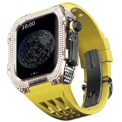 KANUZ Gummiarmband, Lünette aus Titanlegierung für iWatch SE/4/5/6, Apple Mod Watch-Zubehör, Ersatz-Edelstahlgehäuse für iWatch SE-Serie, 44 mm (Farbe: Gelb 9, Größe: 44 mm)