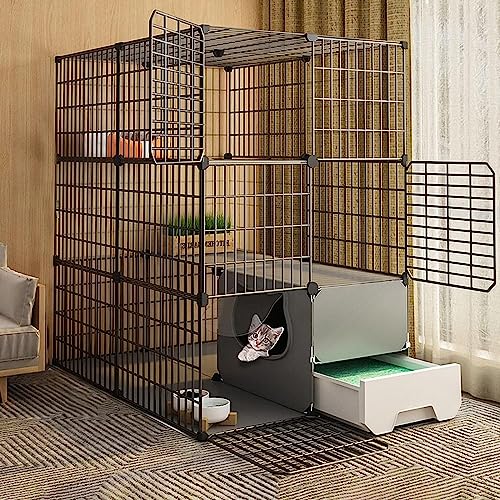 Laufställe für Kleintiere, Katzenkäfig, Katzenlaufstall – Katzenkäfig, DIY-Laufstall für Haustiere mit Tür und geschlossener Katzentoilette, multifunktionales Katzenhaus (Größe: 75 x 49 x 73 cm,