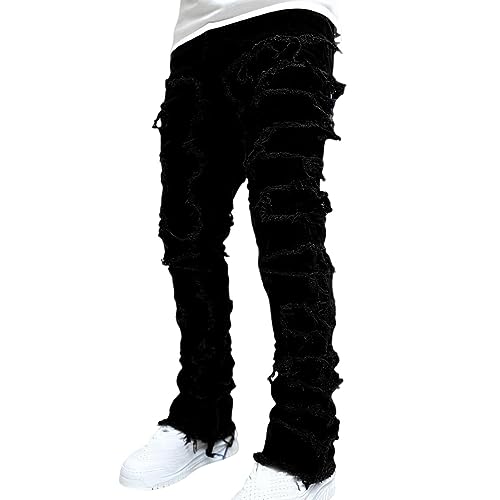 Aizuoni Herren-Stacked-Jeans - Biker-Hip-Hop-Stapeljeans - Weiche Distressed Destroyed Slim Fit Denim-Hose mit geradem Bein für Dating