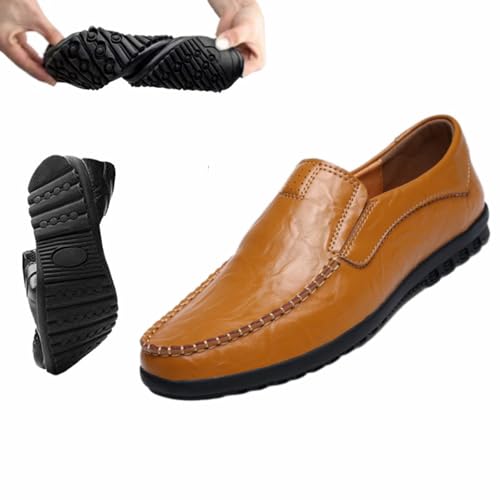 WINDEHAO Leichte Herren-Schlupfschuhe aus echtem Leder, lässig, Business, atmungsaktiv, Mokassin-Schuhe, gelbbraun, Größe 45 EU