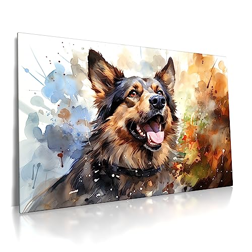 Deutscher Schäferhund - Leinwand Bild - Wasserfarben Aquarell Hund Wandbild XXL Kunst Wand Druck Bilder Modern Art Wohnzimmer (80 x 60 cm, Leinwand, Deutscher Schäferhund)