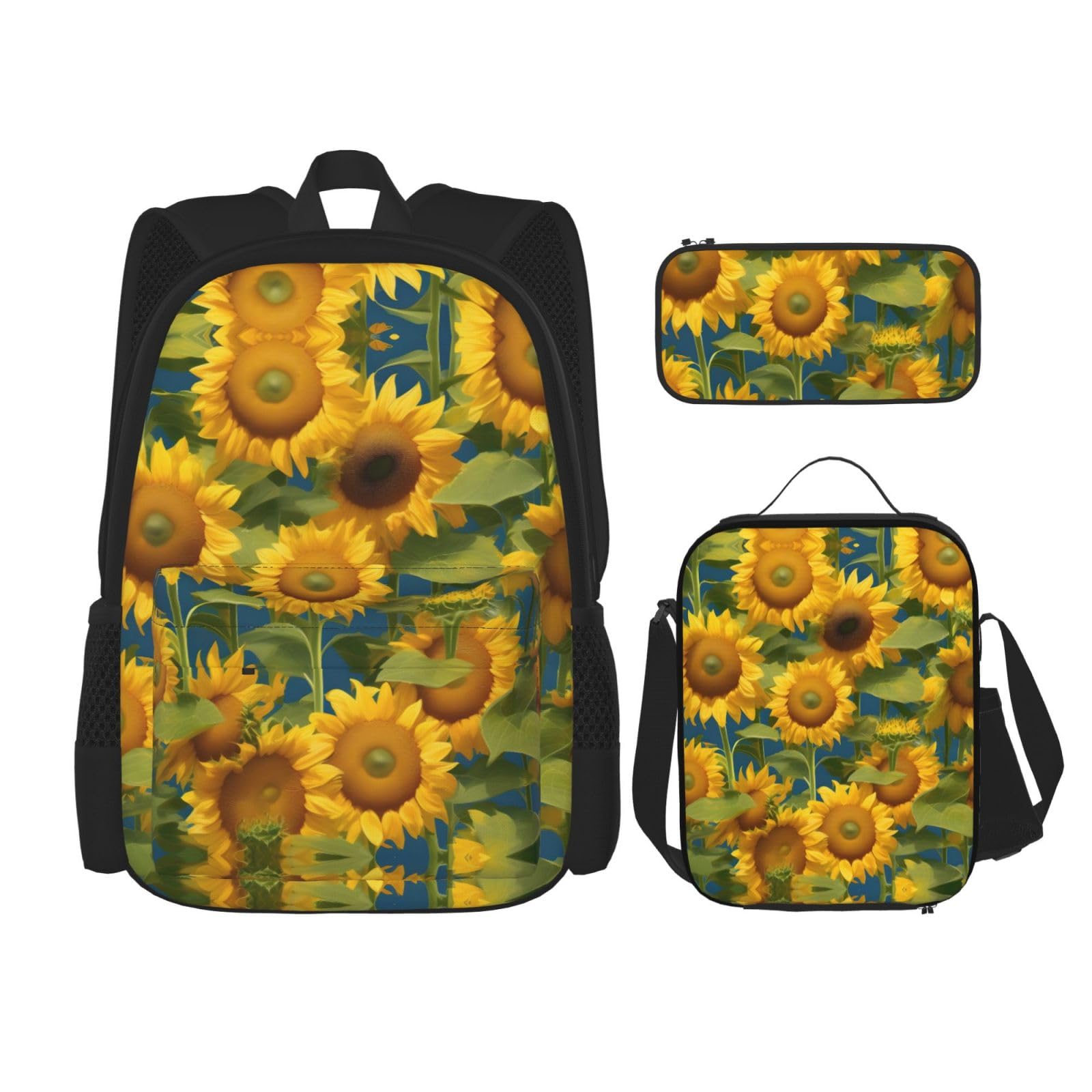 WURTON Sommer-Sonnenblumen-Druck, Reise-Lunchbox, Federmäppchen, Rucksack-Set, 3-teilig, verstellbare Riemen, leicht, Schwarz, Einheitsgröße