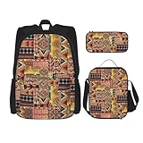 WURTON Afrikanisches Textil-Patchwork-Druck, trendiger Rucksack, Tasche, Lunchbox und Federmäppchen, 3-in-1, verstellbares Rucksack-Set, Schwarz , Einheitsgröße