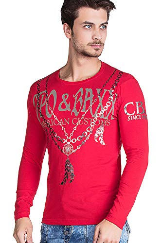 Cipo & Baxx Herren Langarmshirt Glänzend Longsleeve Sweatshirt Print Rundhals Sweater Rot XL