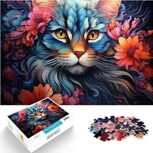 Puzzlespiele „Die farbenfrohe Psychedelie der Katze in Blumen“ 1000-teiliges Holzpuzzle ganze Familie 1000 Teile (50 x 75 cm)