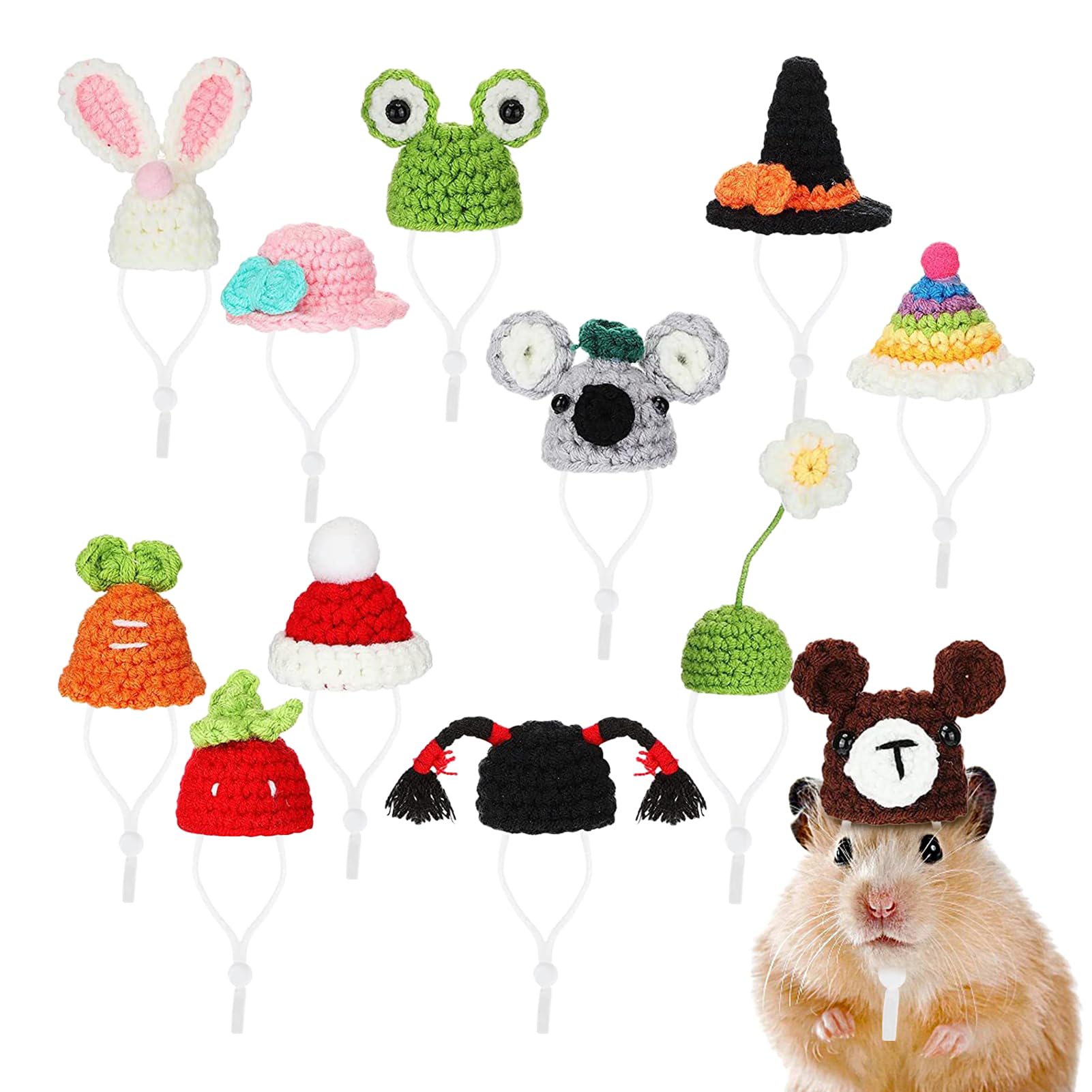 QARIDO -Hamstermütze | gestrickte süße Hamstermütze mit verstellbarem Riemen,Buntes Kostümzubehör für Meerschweinchen, Hamsterkostüm, Partyhüte für Chinchilla