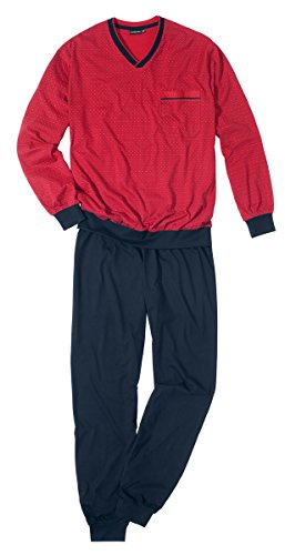 Götzburg Herren Pyjama, Schlafanzug, Oberteil und Hose - Langarm, Baumwolle, Single Jersey, rot, Bedruckt, mit Bündchen 52