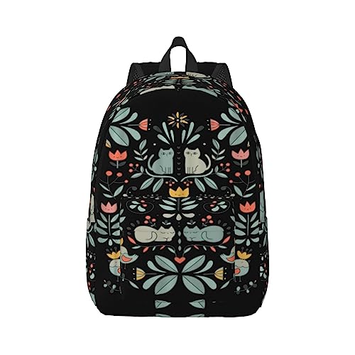 Wurton Lustige Katzen Vögel & Blumen Druck Unisex Leinwand Rucksack Niedlich Rucksack für Reisen Sport Alltag ästhetisch Rucksack, sc schwarz, M