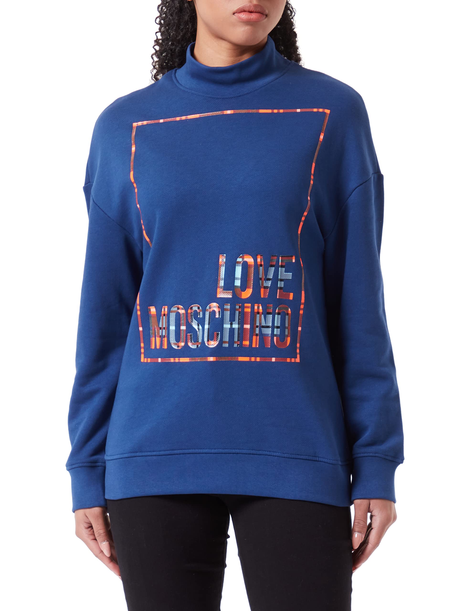 Love Moschino Women's Regular fit high Collar with Shiny Print Logo Box Sweatshirt, Blue, 38