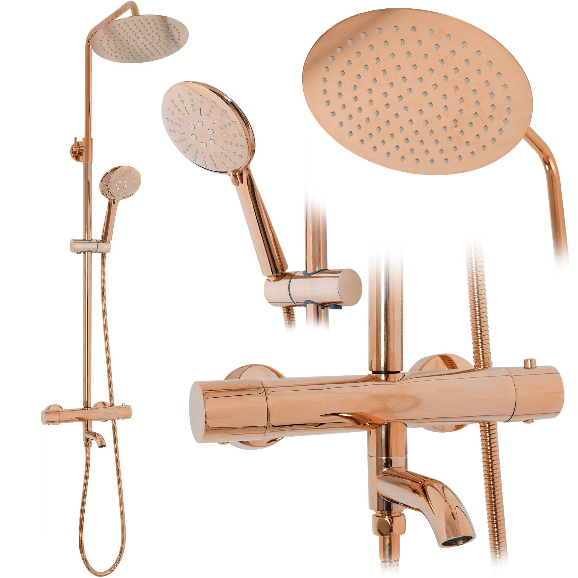 Rea Duschsystem mit Thermostat Lungo Rose Gold Duschset Duscharmatur mit Duschkopf und Kopfbrause aus Messing Duschgarnitur für Badezimmer (Rose Gold)