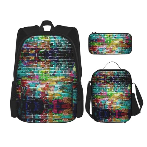 WURTON Bunte Backsteinmauer Druck Schulrucksack 3 in 1 Büchertasche Set Mit Lunchbox Federmäppchen Reise Laptop Daypacks