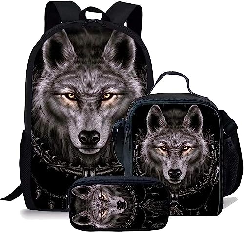 Wolf Schulranzen Set für Jungen Mädchen,3er Pack Schulrucksack Lässiger Tagesrucksack,Grundstufe Kinder Kinder Isolierte Brotdose,Bleistiftetui (A8,12.6inx5.5inx17in)