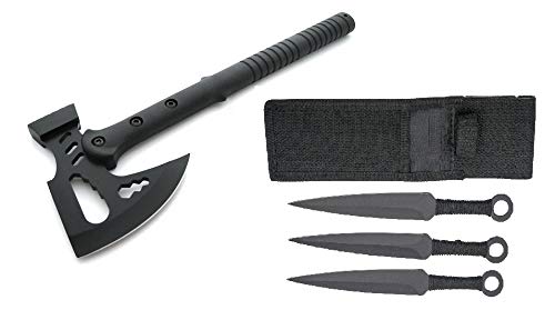 Survival Set Tomahawk + Wurfmesser Expendables Kunai - Throwing Knife - schnelles Werfen Messer schwarz Edelstahl - Trainingsmesser - Gürtelmesser - Hunting Knife - axt mit Holster aus Nylon, schwarz