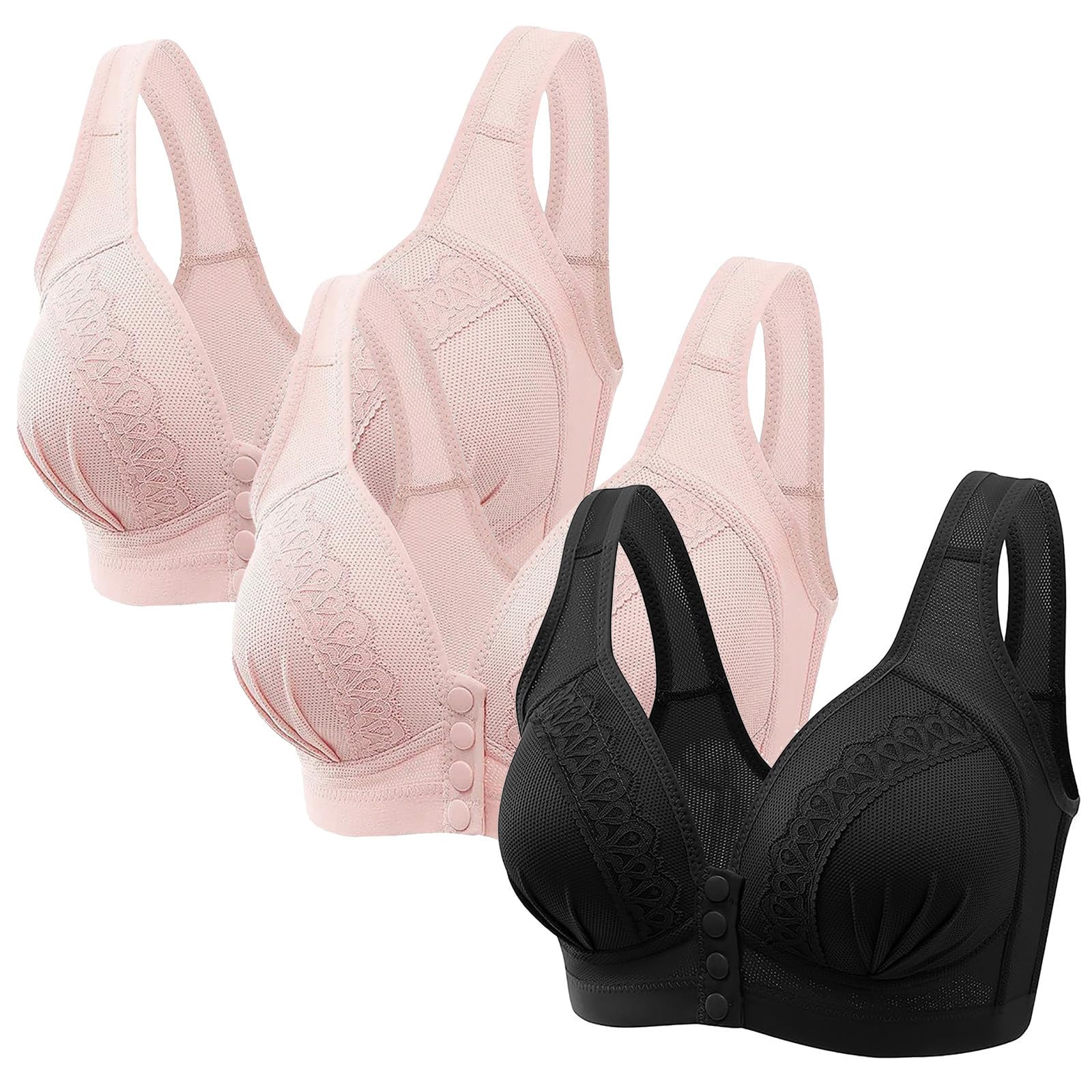 3er Pack Klassische Minimizer BH Ohne Bügel Push Up Sport BH Bequem Verschluss Vorne BH mit Breite Träger Damen Bustier mit Gepolstert Glamorise BH Schwarz Rosa 85D