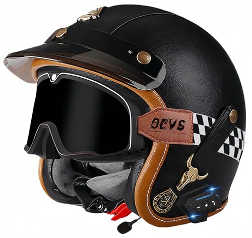 Bluetooth-Helme, Vintage-Motorradhelme, ECE/DOT-Geprüft, Offener Vintage-Helm Für Männer Und Frauen Mit Schutzbrille, Offener Gesichts-Mopedhelm, Verstellbar F,XL61-62CM