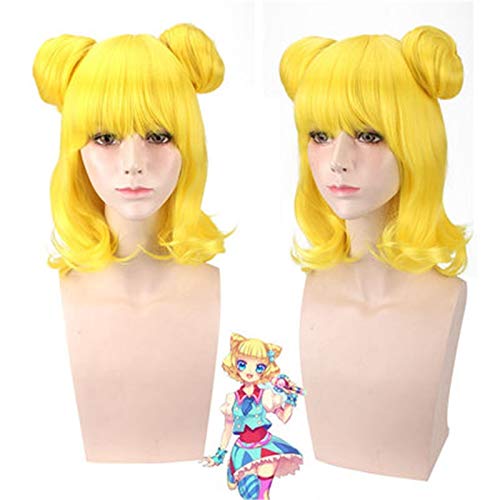 LINLINCD Cosplay wig Anime Pripara Minami Mirei Cosplay Perücke Gelb Kurzes lockiges Kunsthaar mit Brötchen Halloween Karneval Kostüm Perücken Pelucas