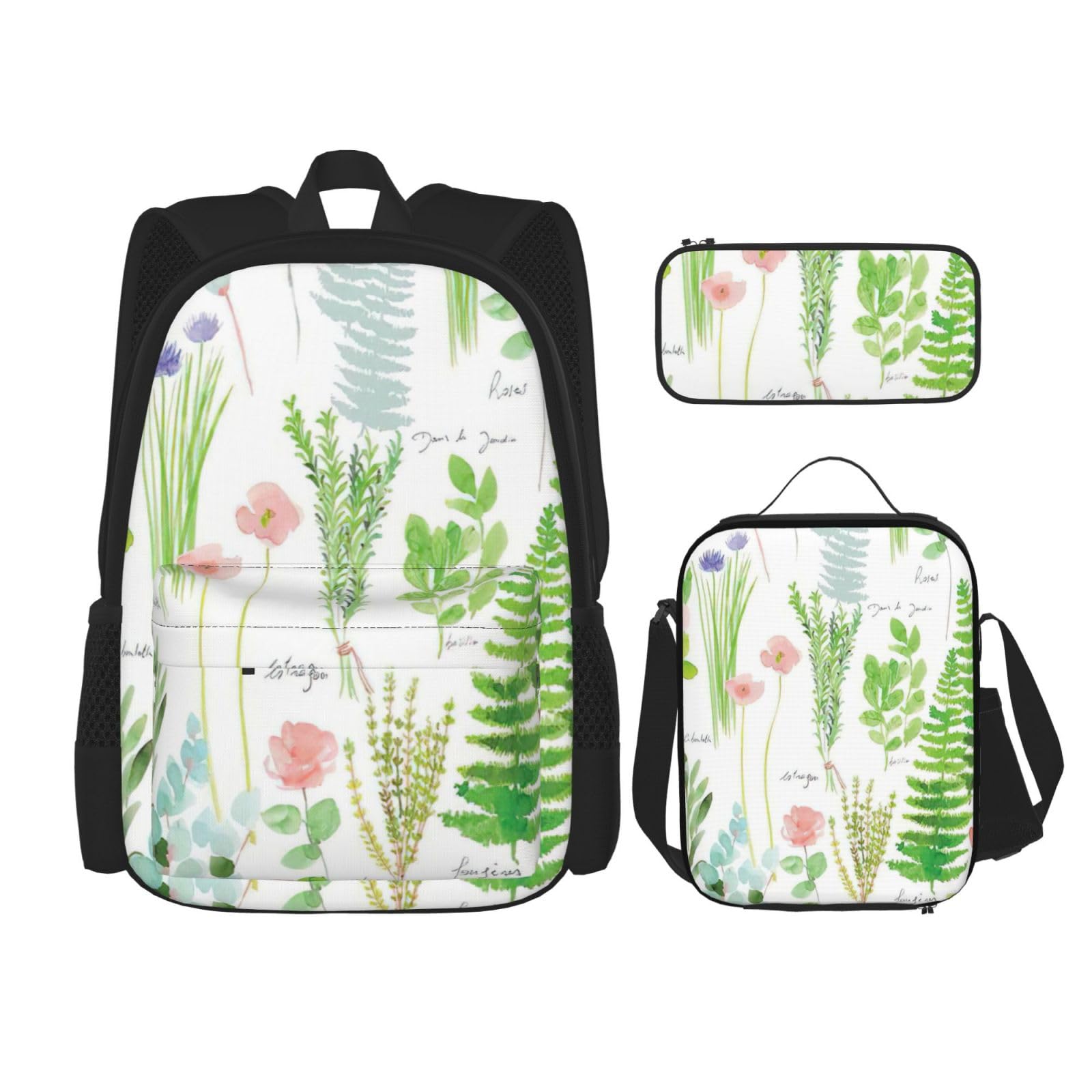 WURTON Springtime Rucksack mit Kräutergarten-Druck, Schultasche mit Lunchtasche, Federmäppchen, Kombination, Schultaschen-Set