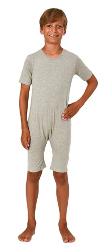 Normann Care Kinder Pyjama Pflegebody Kurzarm - Unisex - mit diagonalem Reißverschluss am Rücken, Farbe:grau, Größe:164