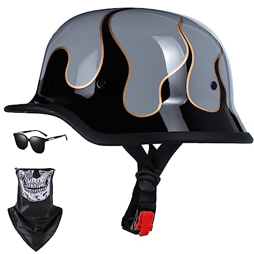 Vintage Deutsche Motorrad Halbhelme mit ECE Jethelm Retro Chopper Helm Scooter-Helm Fahrradhelm mit Herausnehmbares Innenfutter und Schnellverschlussschnallen M~XXL 54~64CM