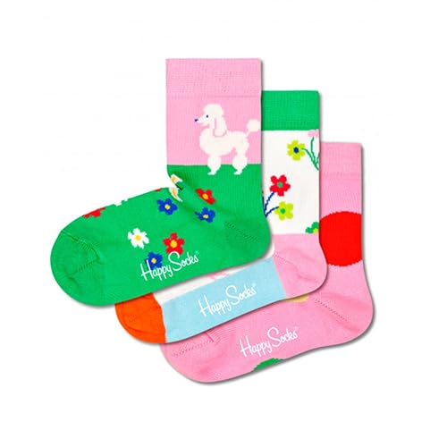 Happy Socks 3-Pack Flower Socks Set, farbenfrohe und fröhliche, Socken für Kinder, Blau-Grün-Orange-Gelb-Rosa-Weiß-Rot (2-3Y)