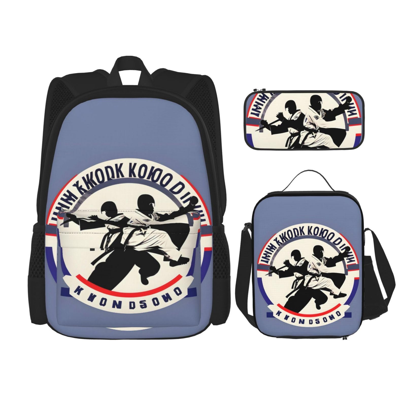 WURTON Taekwondo Design Print Lunchbox Federmäppchen Rucksack Set 3 Stück Verstellbare Träger Langlebig Leicht, Schwarz, One Size