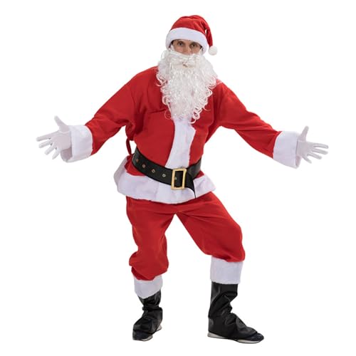 7-teiliges Herren-Kostüm, Weihnachtsmannmütze, Handschuhe, Kleidung, Gürtel, Weihnachtsmannstiefel und Weihnachtsmann-Bart, Weihnachtskostüm, Outfit für Damen, Weihnachtskostüme für Mädchen,