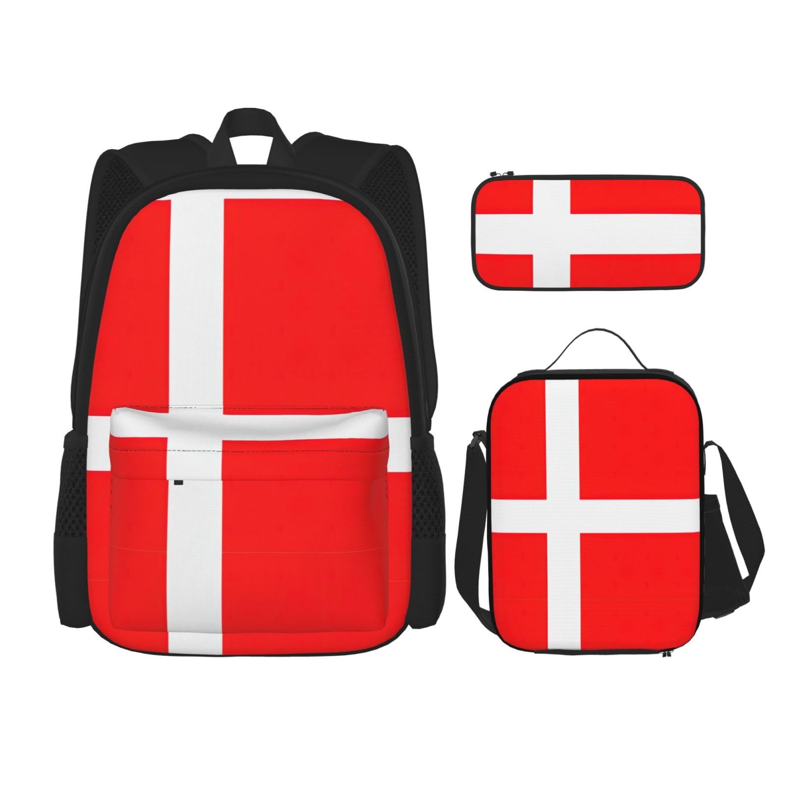 WURTON Dänemark, dänische Flagge, bedruckt, 3-in-1-Sets, lässig, verstellbar, Schulter-Rucksack, Lunch-Tasche, Federmäppchen, Beutel, Schwarz, Einheitsgröße