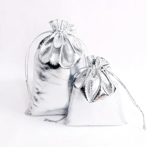 10/50/100 Stück Silber/Goldfarben Geschenkbeutel, verstellbare Schmuckverpackung, Kordelzug, Samtbeutel, Hochzeit, Party, Geschenktüten und Beutel, 9 Größen, Silberbeutel, 10 x 15 cm, 50 Stück