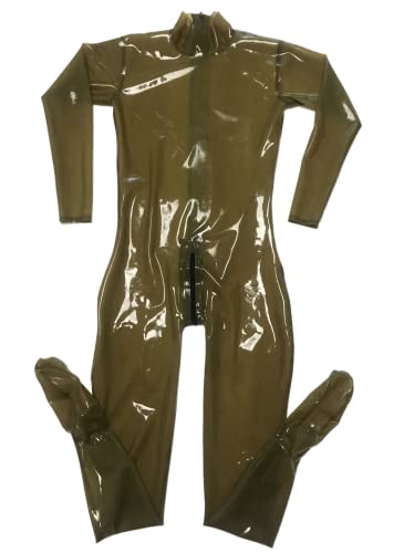 Transparente braune Latex-Fetisch-Catsuit-Socken mit zweiseitigem Reißverschluss hinten durch den Schritt