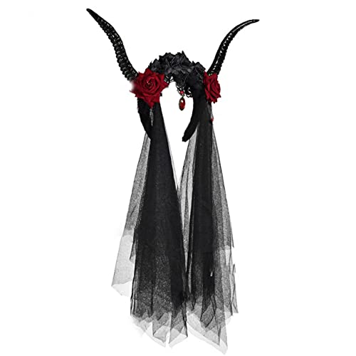 Gothic Schafhorn Rose & Tüll Dekoratives Stirnband Teufel Kopfbedeckung Halloween Kopfschmuck Kopfbedeckung Cosplays Haarschmuck Gothic Schafhörner Stirnband Teufelshörner Stirnband Schwarz Halloween