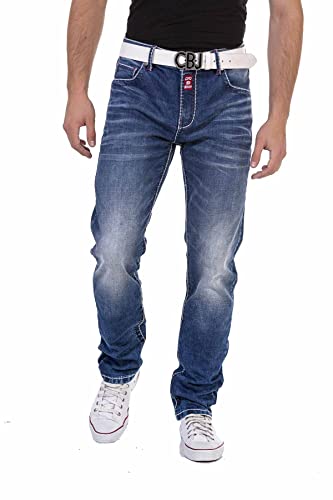 Cipo & Baxx Herren Jeanshose Denim Kontrastnähte Straight Fit Regular Jeans Hose Pants CD704 Blau W38 L32