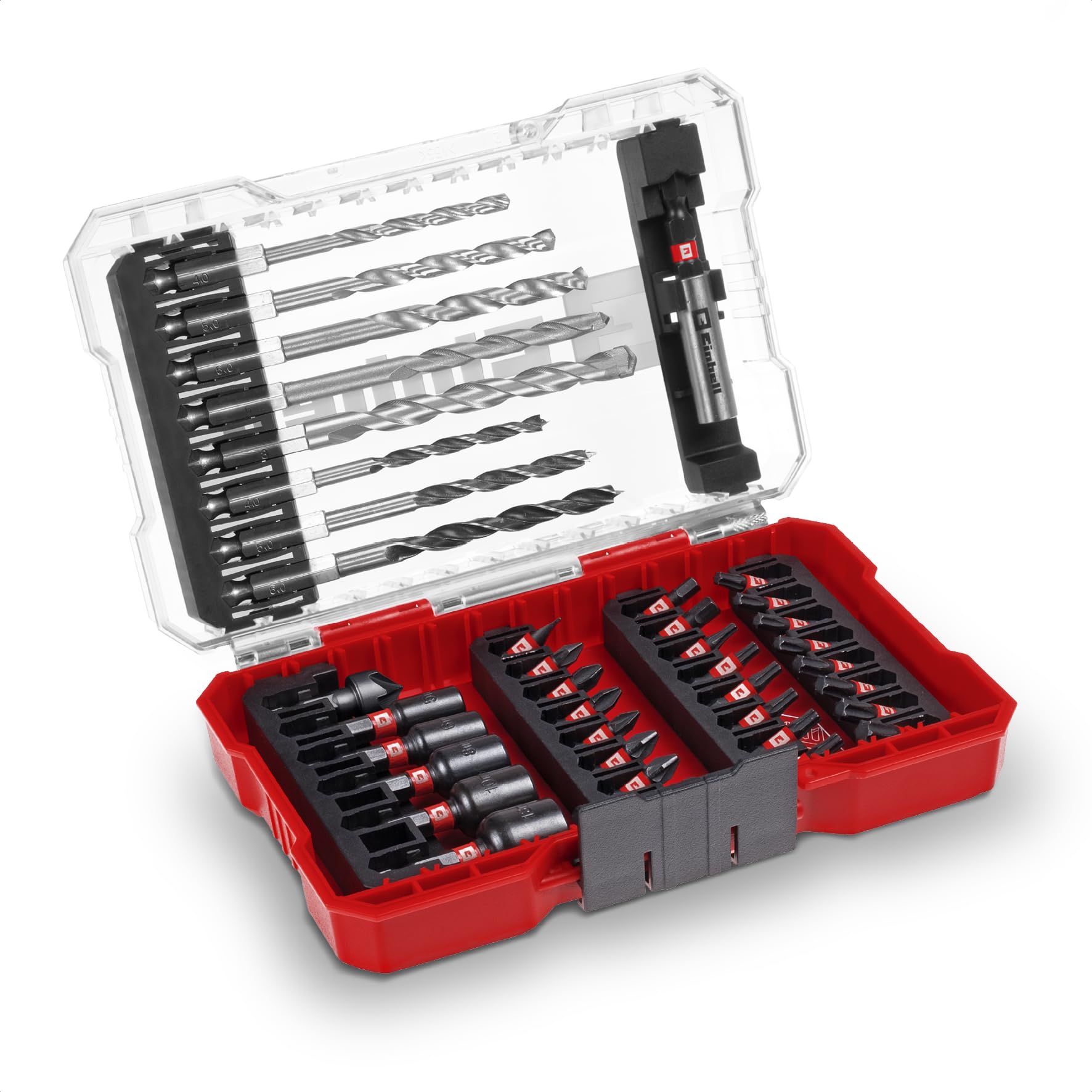 Original Einhell M-CASE 39-tlg. schlagfestes Zubehör-Set (25-mm-Bits, Metallbohrer, Holzbohrer, Steinbohrer, 60-mm-Bithalter, Steckschlüssel, Senker inkl. Aufbewahrungsbox)